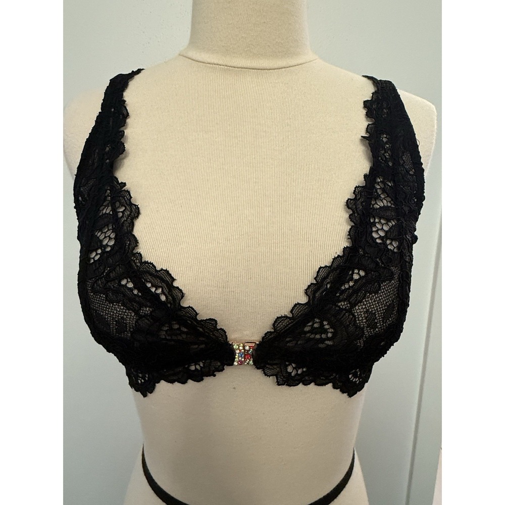 Savage X Fenty Bralette Women's M Black  Sheer Lace W/ Rainbow Jewel Clasp Gold